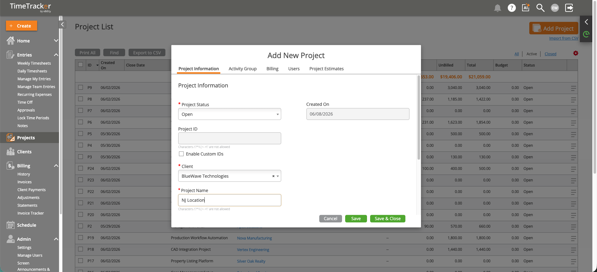 Add New Project Dialog