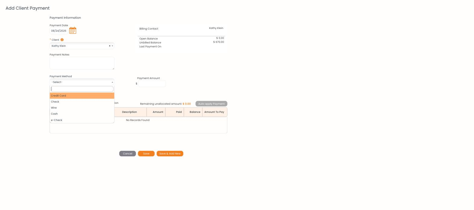 Add Client Payment Billing
