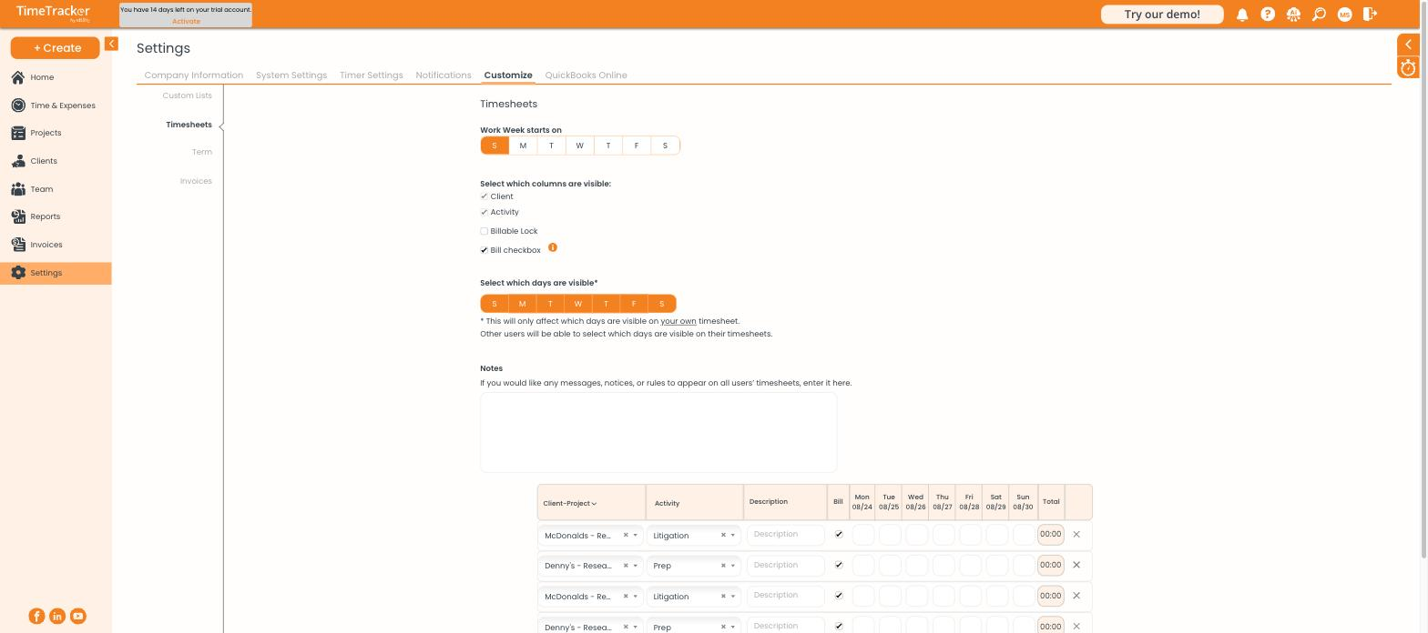 Customize Timesheet