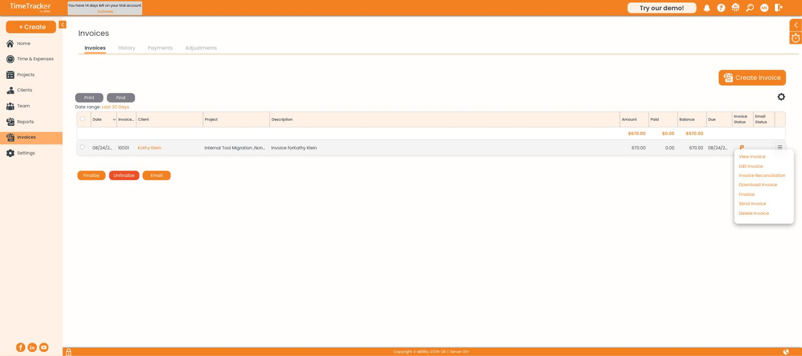 Invoice Actions Menu