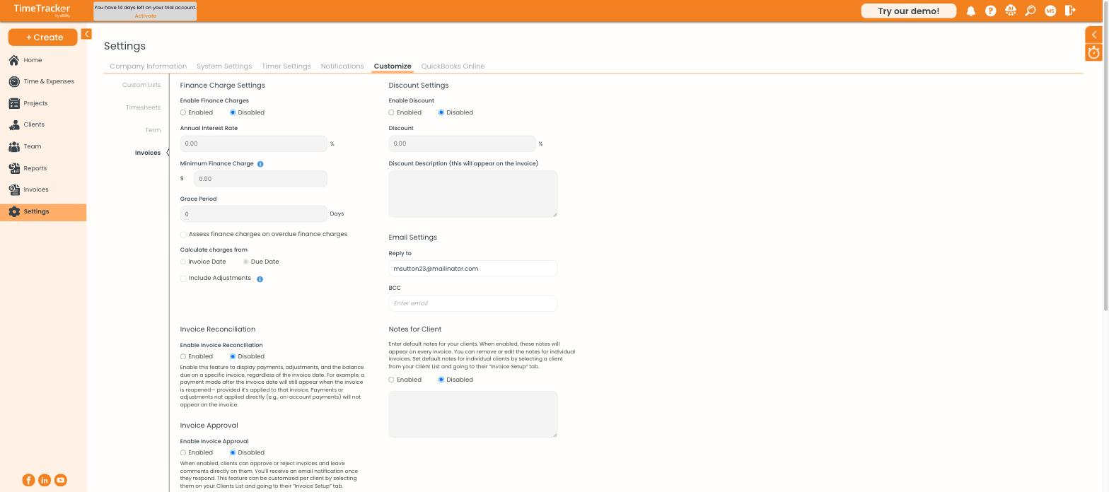 Invoice Finance and Discount Settings