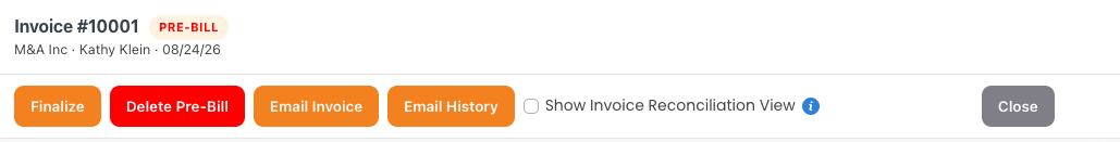 Invoice Pre-Bill Action Bar