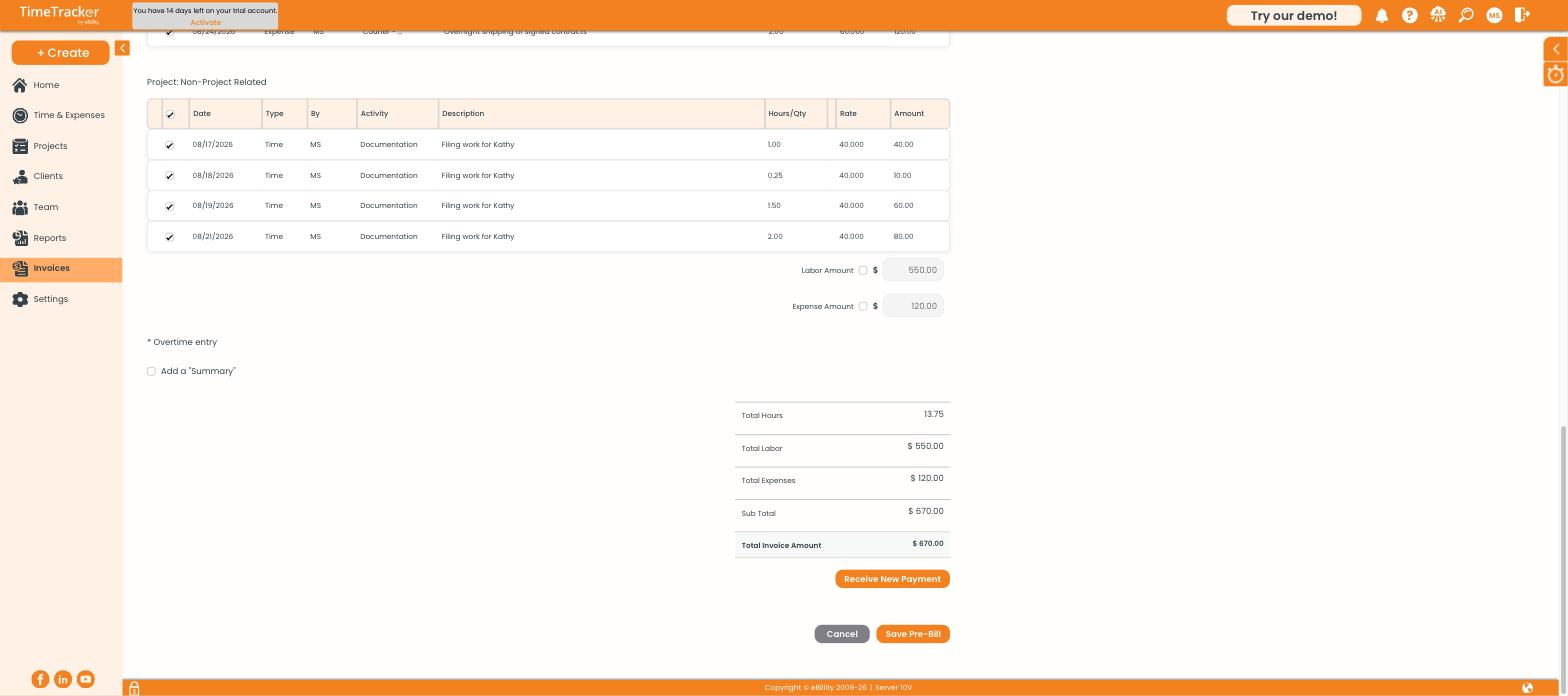Invoice Totals and Save Pre-Bill