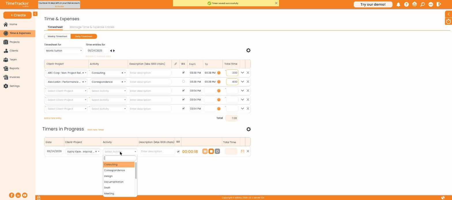 Timer Activity Dropdown