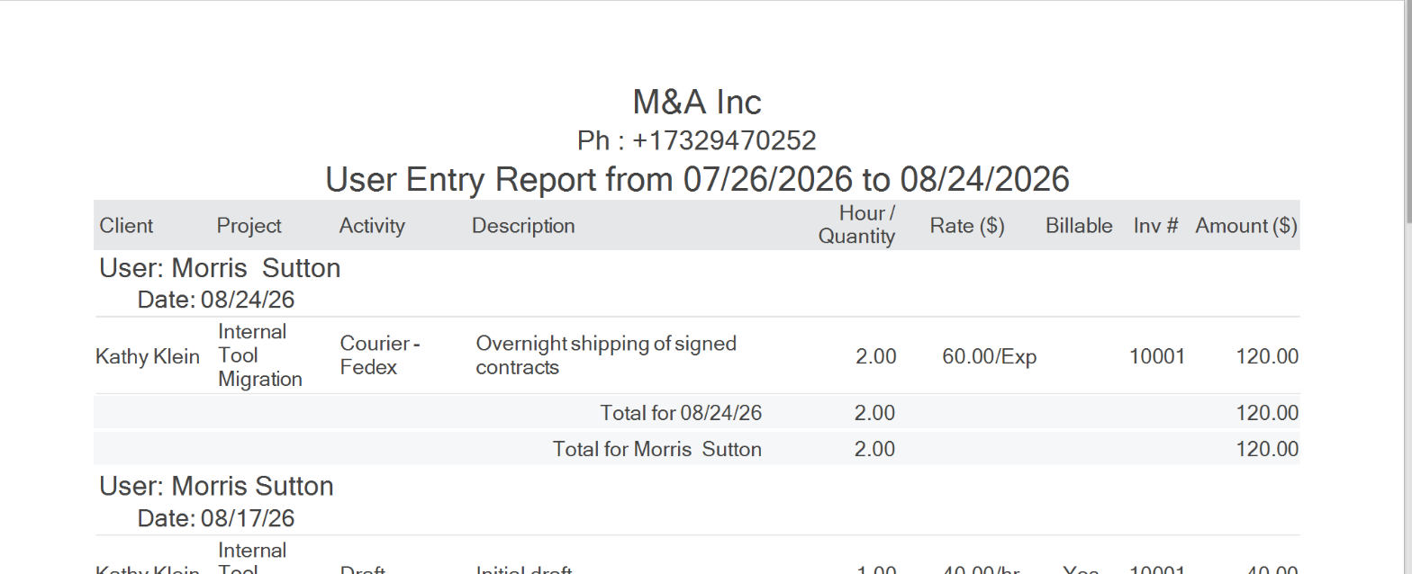 User Entry Report Output