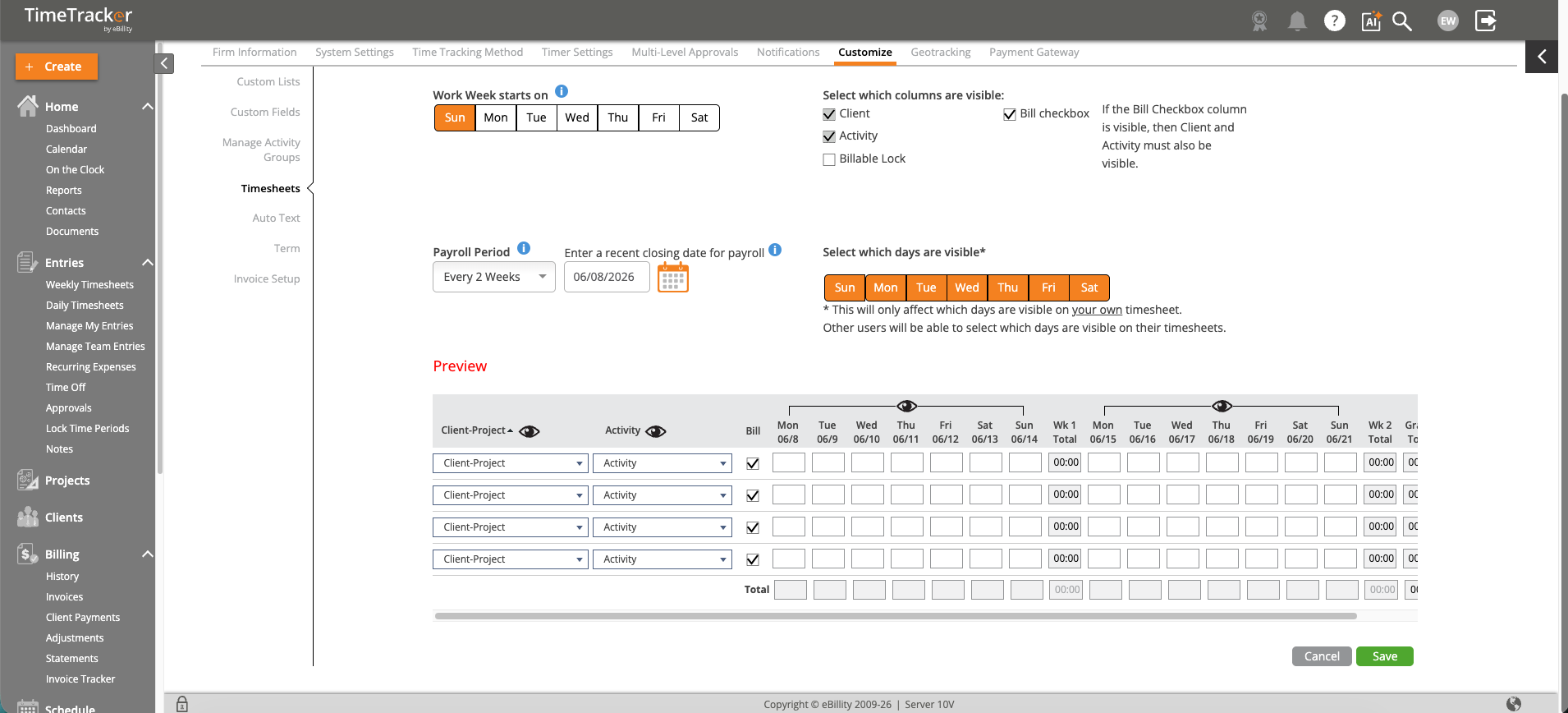 Customize Timesheet Settings