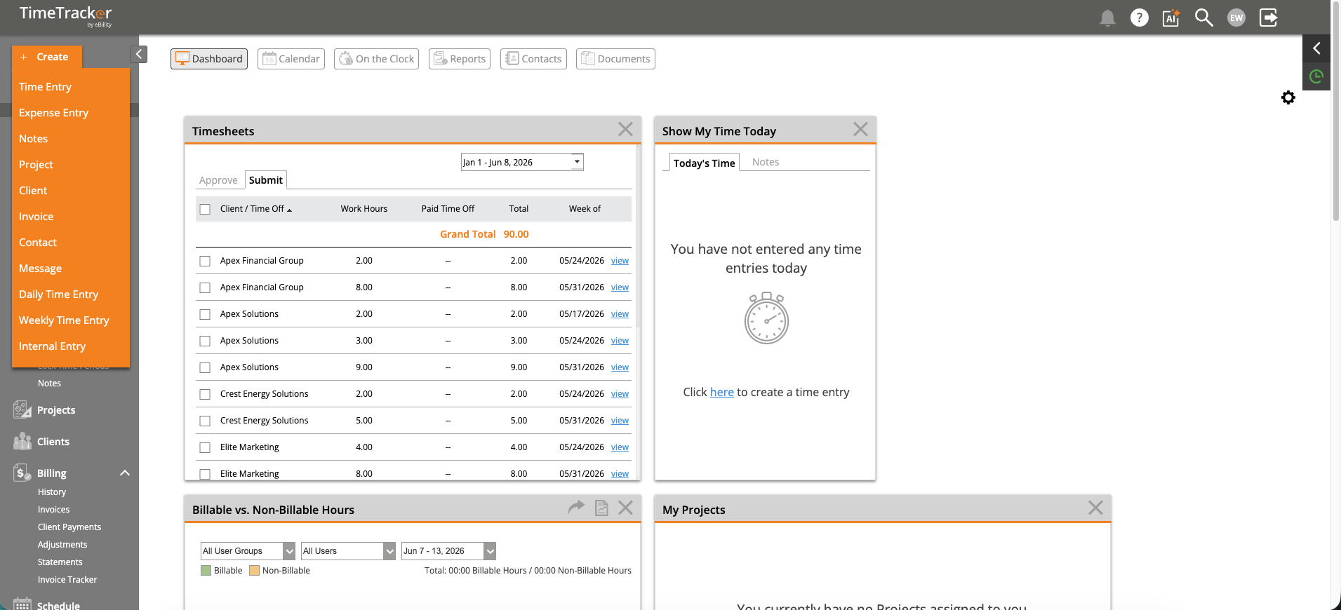 Dashboard with Quick Create Menu