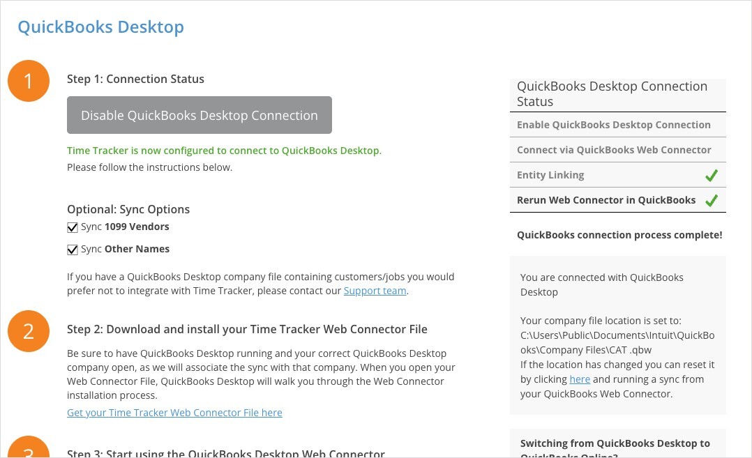 QuickBooks Desktop Connected Step 1 Sync Options