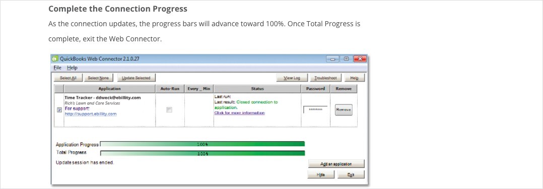 QuickBooks Desktop Web Connector Progress Complete