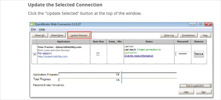 QuickBooks Desktop Web Connector Update Selected