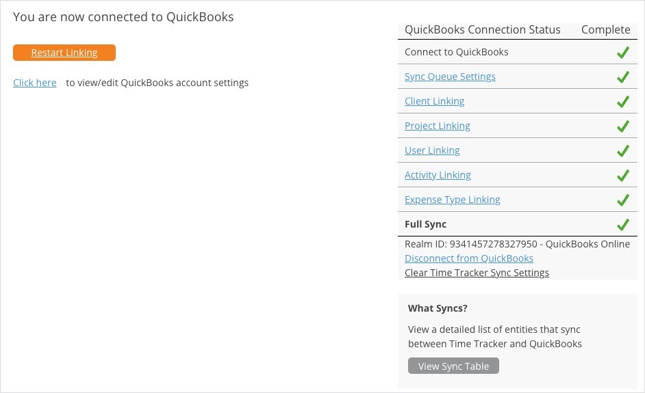 QuickBooks Online Connected Status Complete