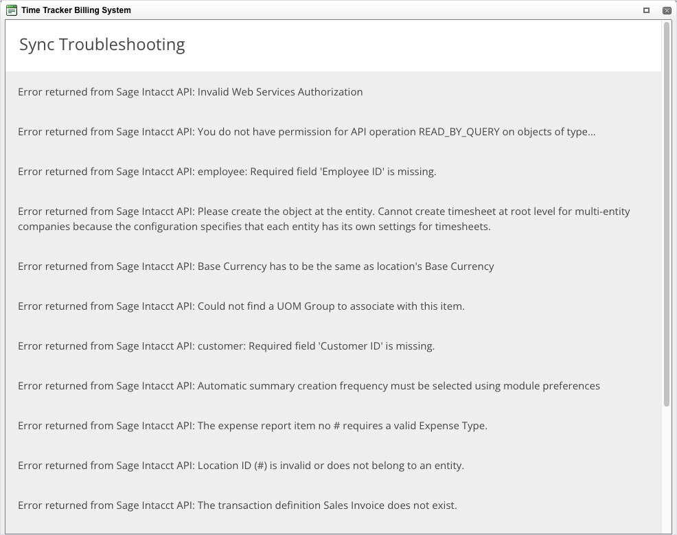 Sage Intacct Sync Troubleshooting Window