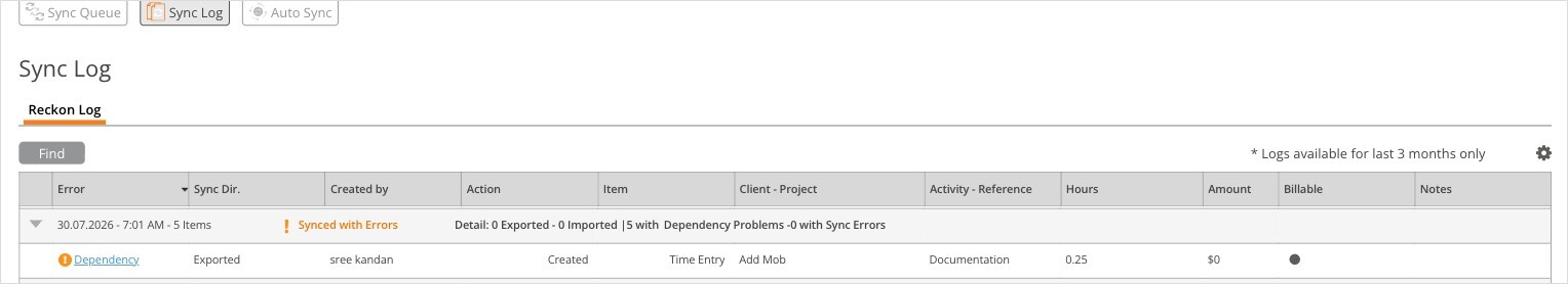 Sync Log Synced With Errors and Dependency Link