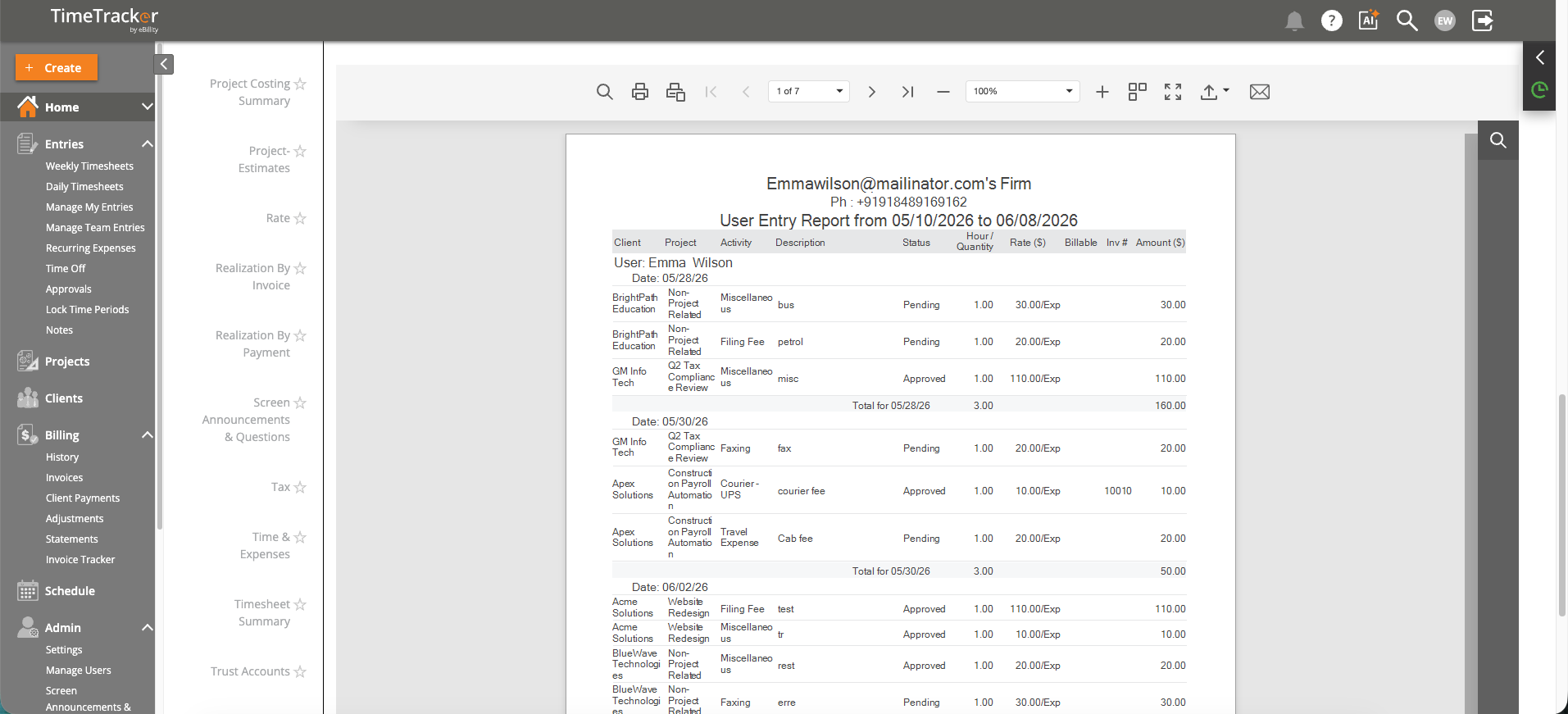 Report Output - User Entry Report