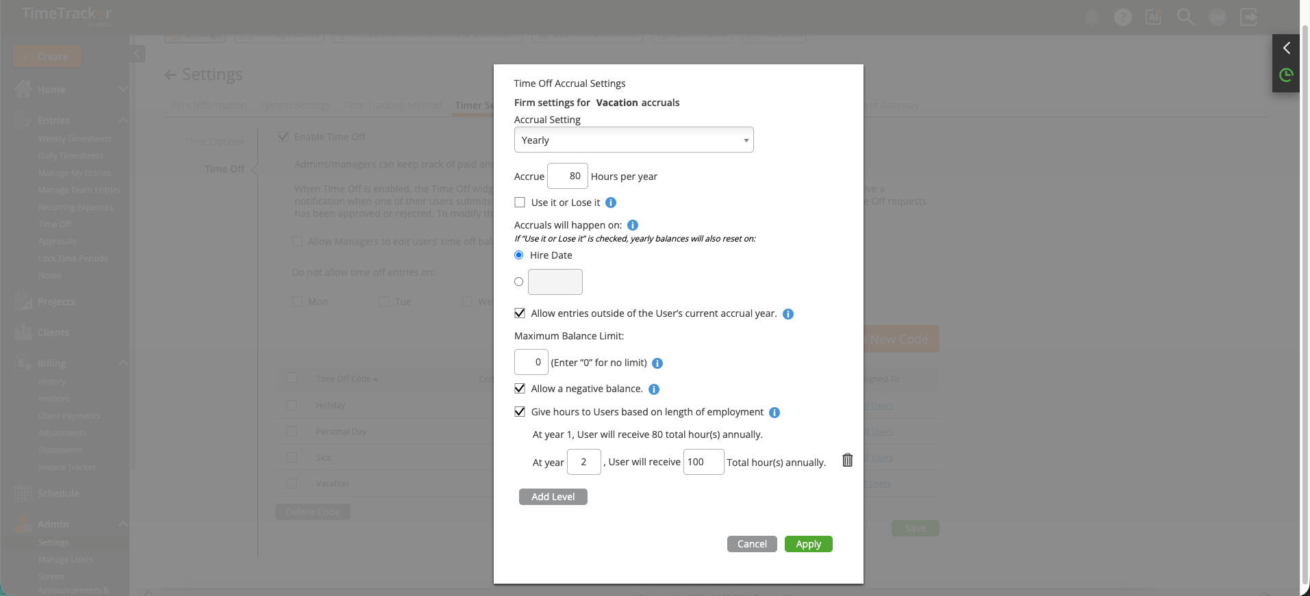 Time Off Accrual Settings