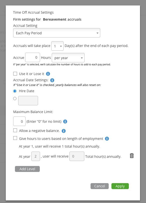 Each Pay Period Accrual Settings