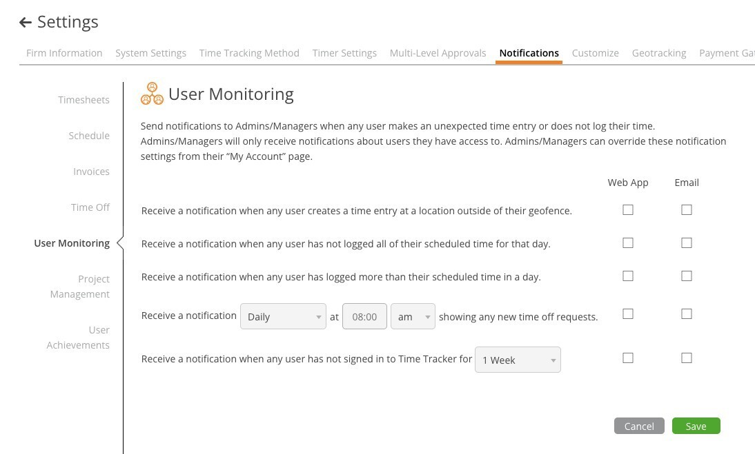 User Monitoring Notifications