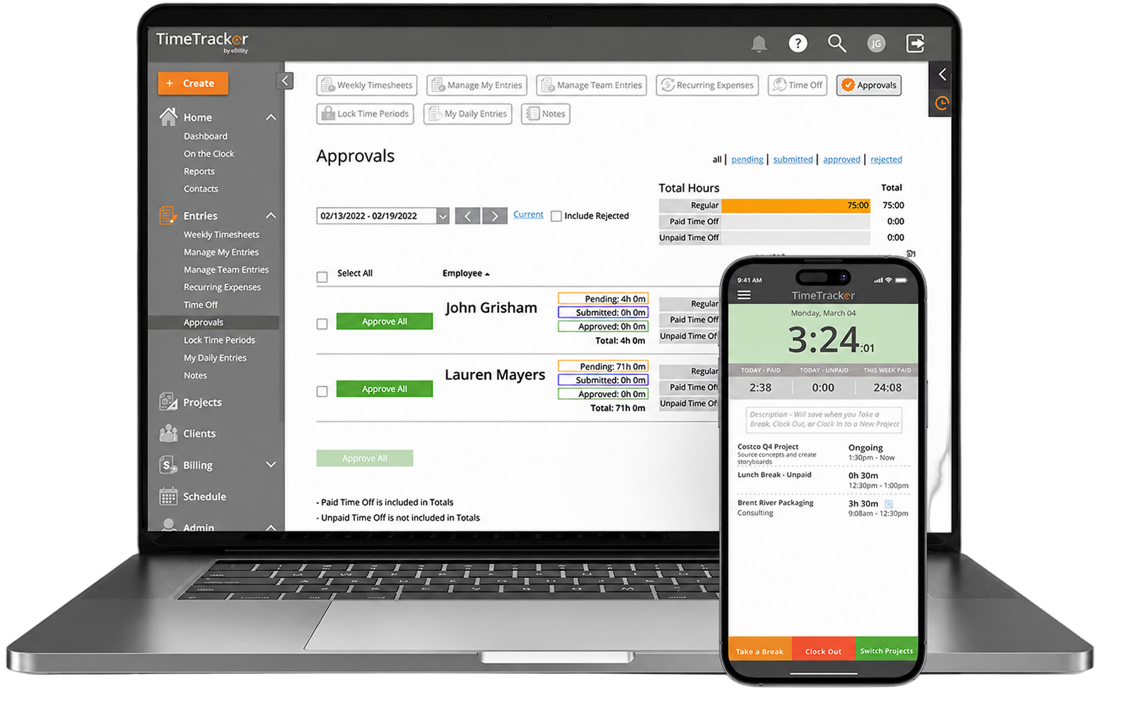 Time Tracker shown on a MacBook with the Approvals screen and on an iPhone with the mobile timer